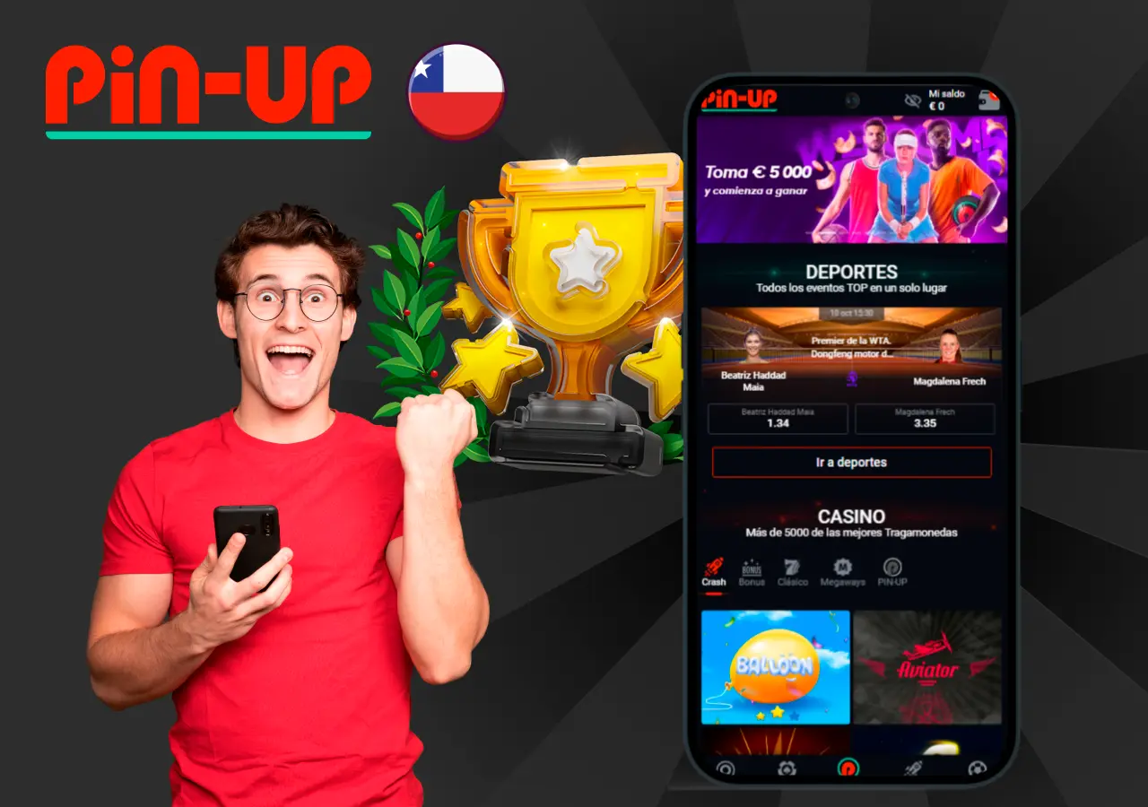 Jugador celebrando con la interfaz de apuestas deportivas y juegos de casino