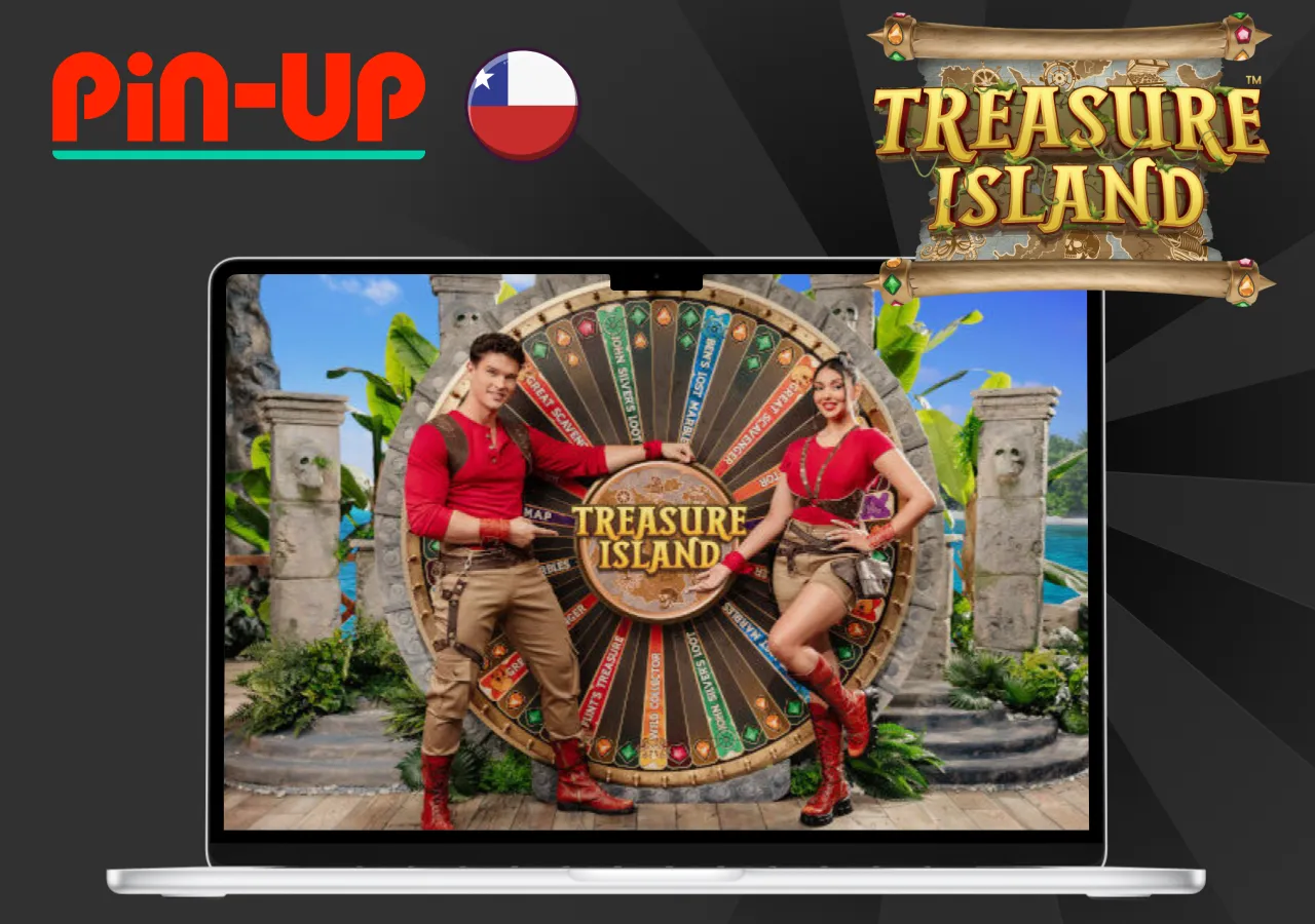 Juego Treasure Island en Pin-Up Chile con presentadores frente a la rueda gigante ambientada en una isla tropical